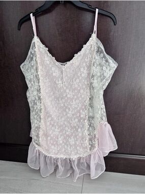 Vtg Sheer Pink Pearly Lace Coquette Slip Ruffled Trim Coachella Lace Slip